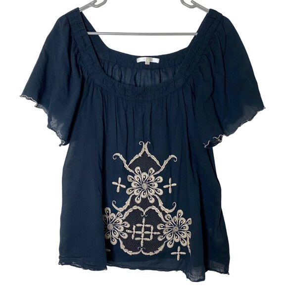 Matty M Black Peasant Blouse L Embroidered Boho Top Flutter Sleeves India - Picture 1 of 5